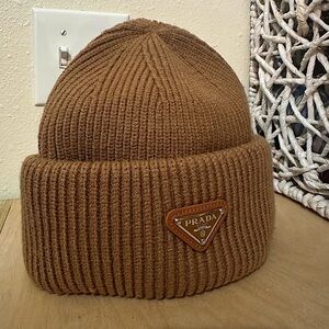 Prada Brown Ribbed Knit Beanie